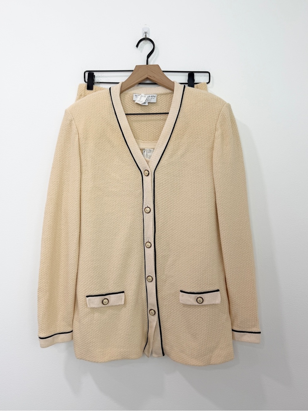 St. John Santana Knit 3-Piece Skirt Set Cream Beige Jacket Tank